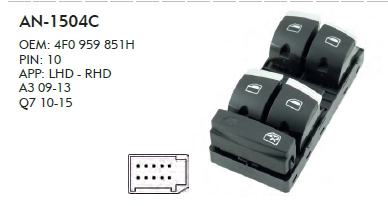 SOL CAM DÜĞME AUDI A3 - 2004-2008 - DÖRTLÜ  KROM - ARKA CAM TEK KİLİT